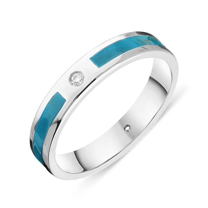18ct White Gold Turquoise Diamond 4mm Patterned Wedding Band Ring