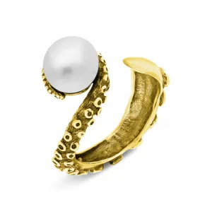 18ct Yellow Gold Freshwater Pearl Bead Swirl Tentacle Ring