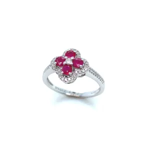 9K White Gold Quatrefoil Diamond and Ruby Ring