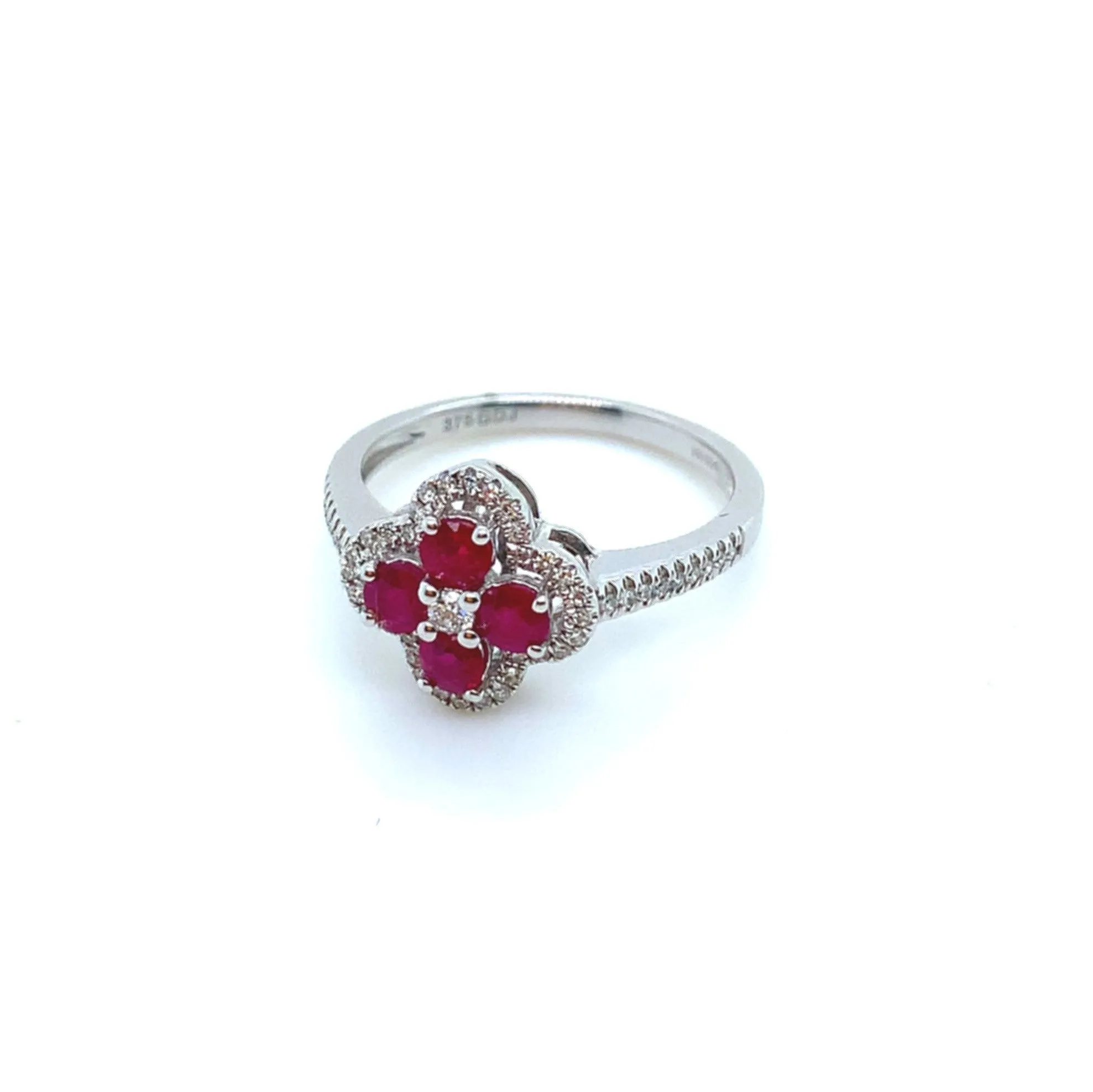 9K White Gold Quatrefoil Diamond and Ruby Ring