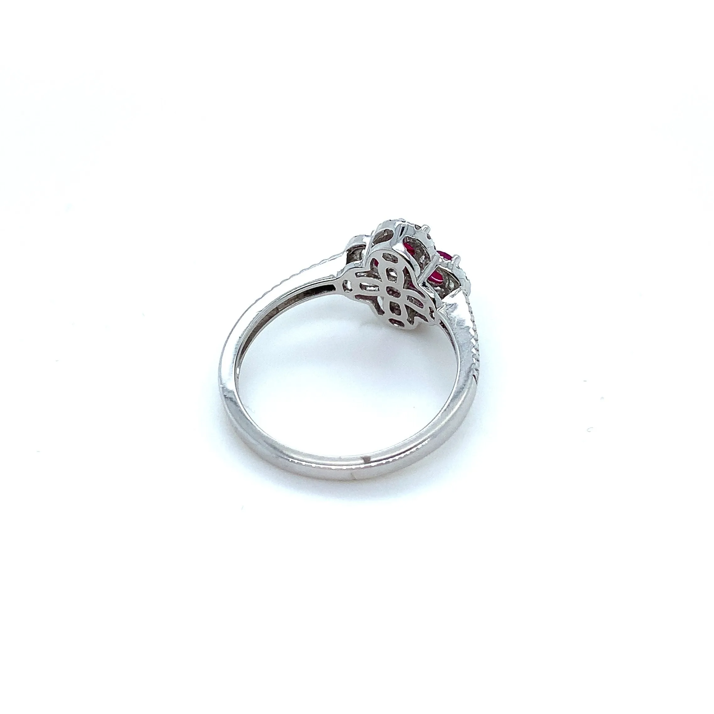 9K White Gold Quatrefoil Diamond and Ruby Ring