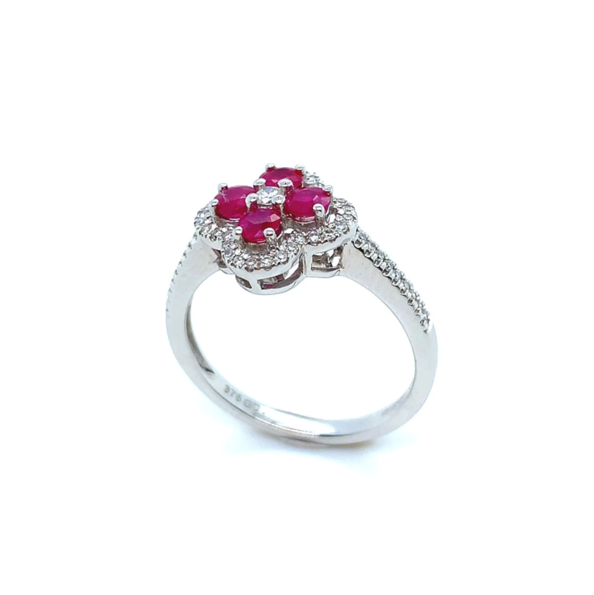 9K White Gold Quatrefoil Diamond and Ruby Ring