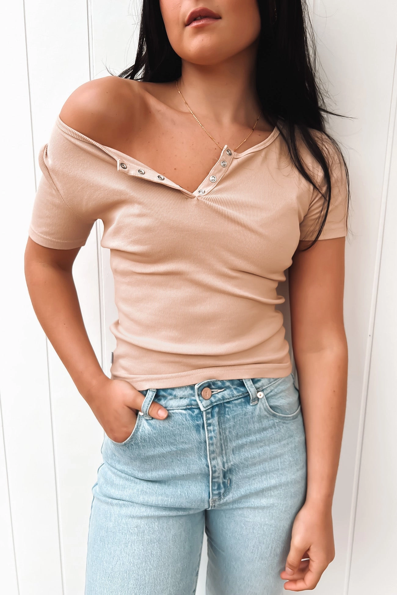 sale at bash Billie Rib Buttoned Tee Tan sale on amazon