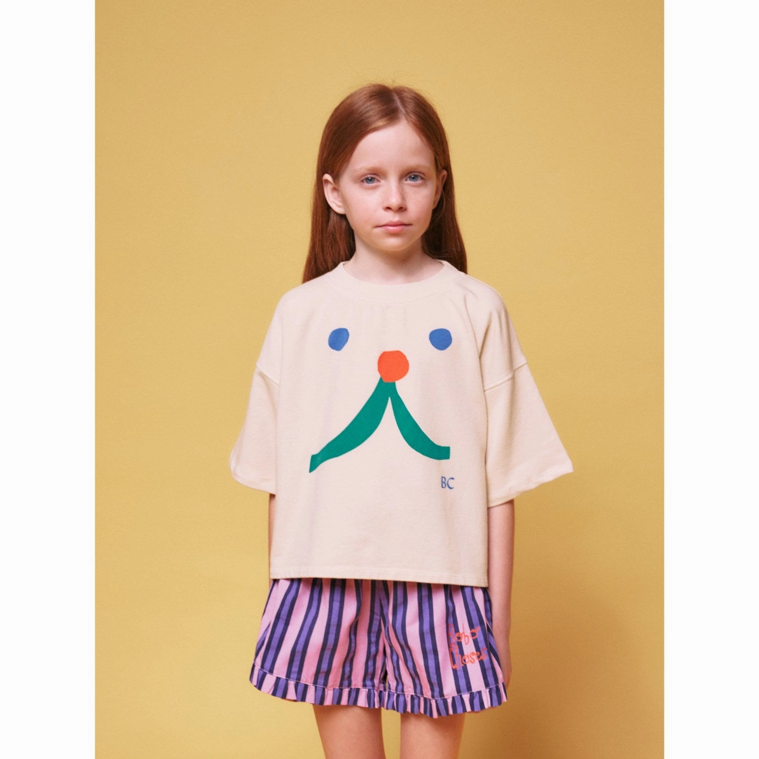 Bobo Choses Beige Funny Face Short Sleeve Sweatshirt Suede