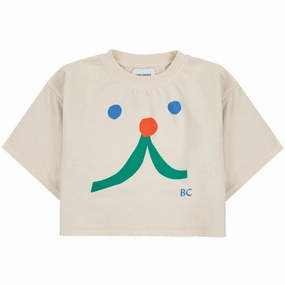 Bobo Choses Beige Funny Face Short Sleeve Sweatshirt Suede Hem