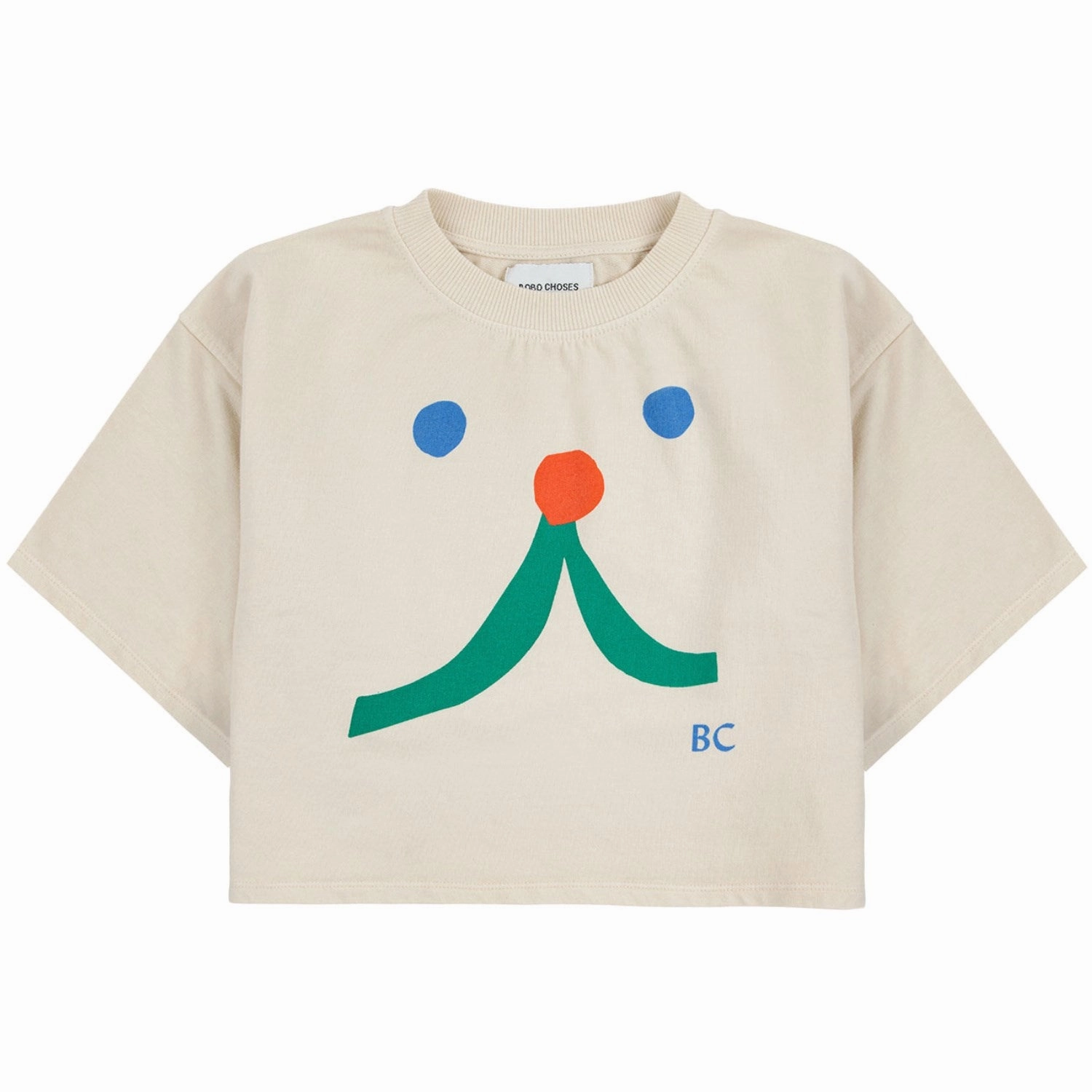 Bobo Choses Beige Funny Face Short Sleeve Sweatshirt Suede Hem