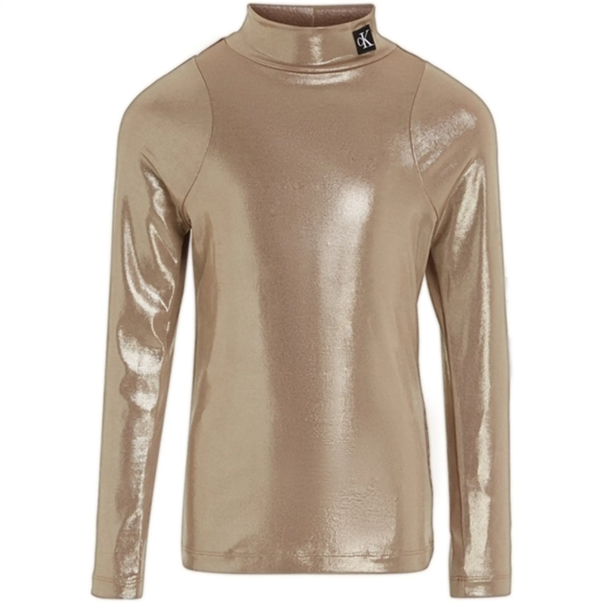 Alluring Calvin Klein Metallic Coated Mockneck Blouse Frosted Almond Opulent