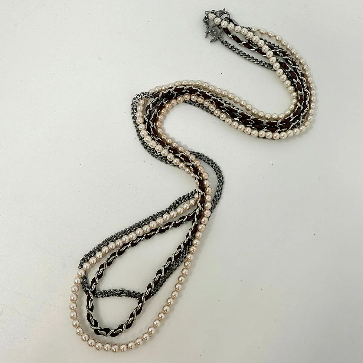 Chanel 3 Strand 28" Necklace with Faux Pearls and CC Logo / Eye Glass Necklace