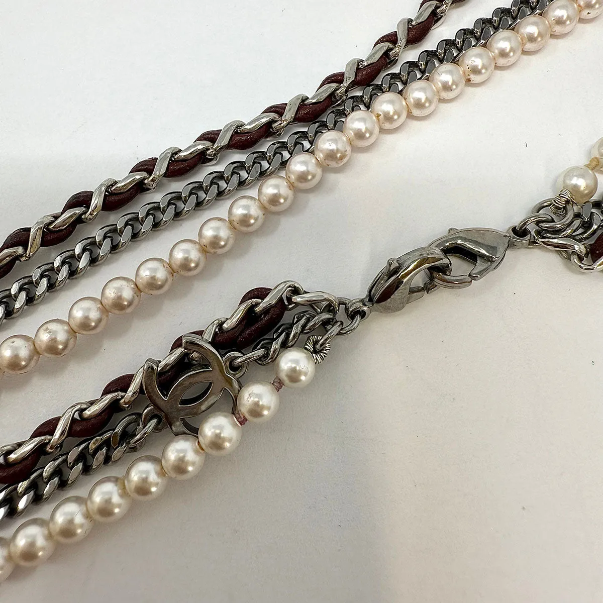 Chanel 3 Strand 28" Necklace with Faux Pearls and CC Logo / Eye Glass Necklace