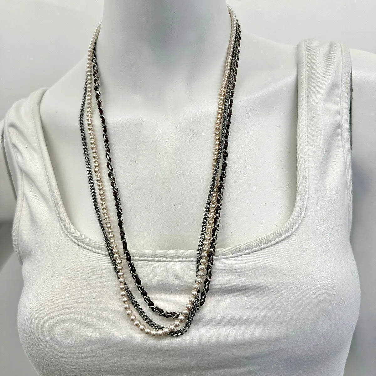 Chanel 3 Strand 28" Necklace with Faux Pearls and CC Logo / Eye Glass Necklace