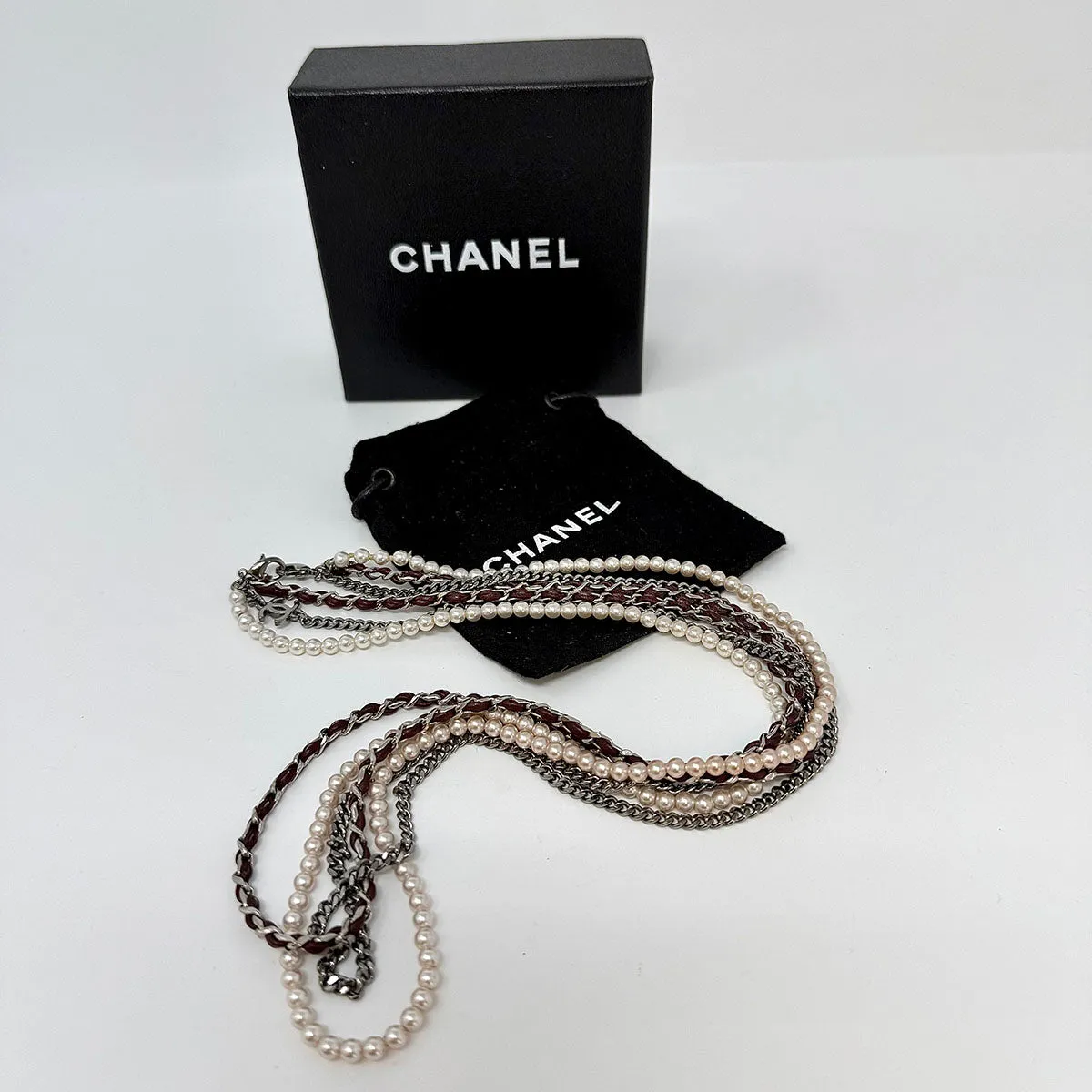 Chanel 3 Strand 28" Necklace with Faux Pearls and CC Logo / Eye Glass Necklace