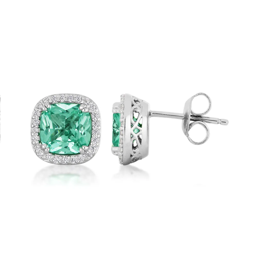 Cushion and Round Brilliant halo stud earrings with ocean green simulants and 0.25 carats* of diamond simulants in sterling silver