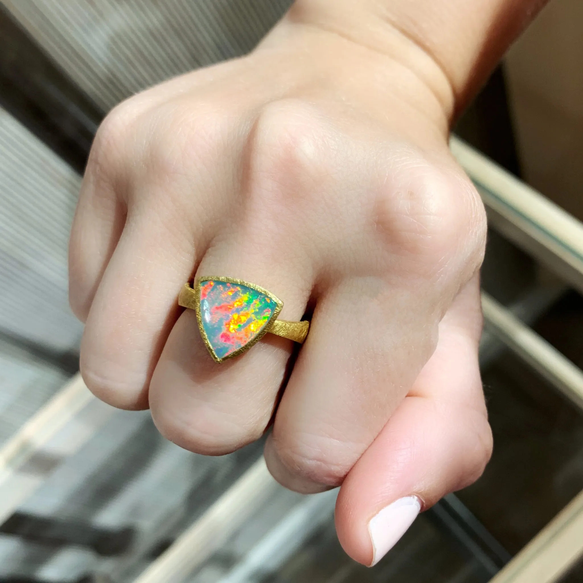 Devta Doolan Exceptional Mexican Crystal Rainbow Opal One of a Kind Gold Ring