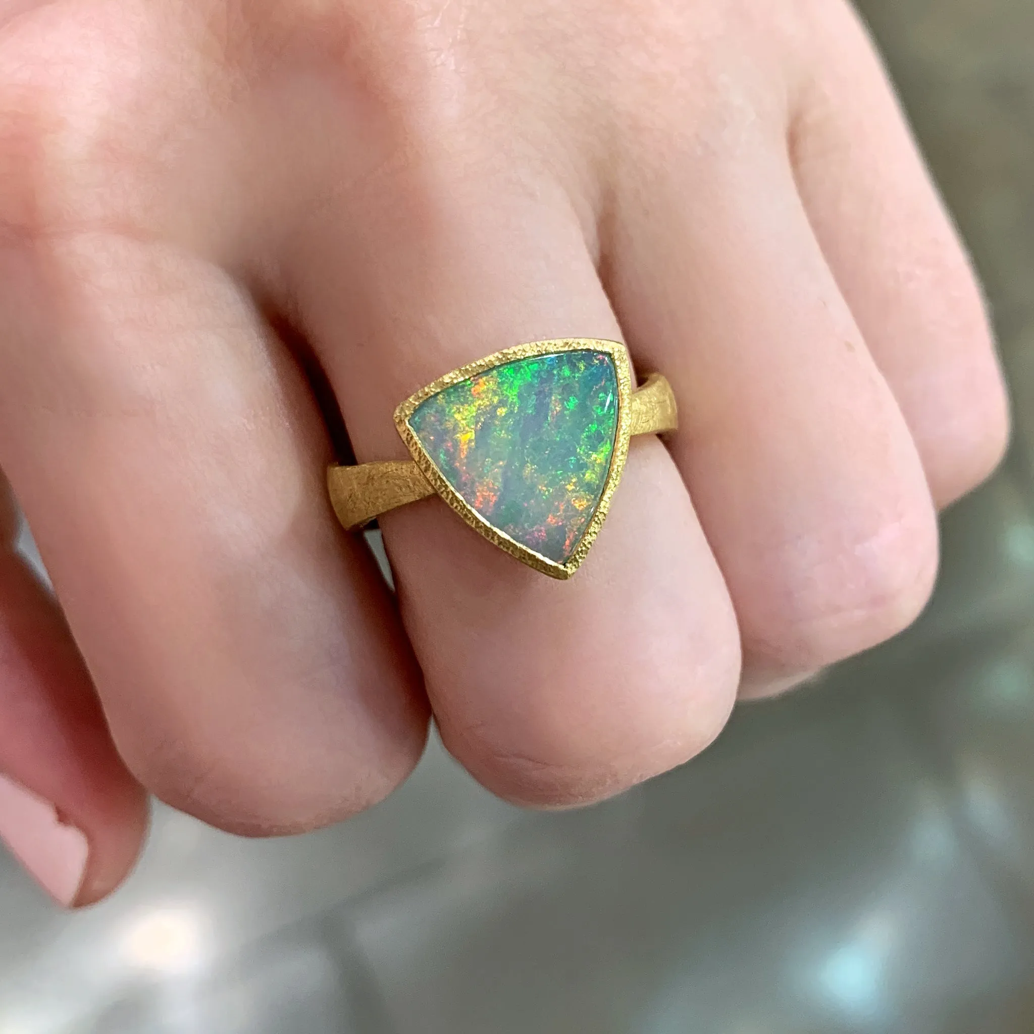 Devta Doolan Exceptional Mexican Crystal Rainbow Opal One of a Kind Gold Ring