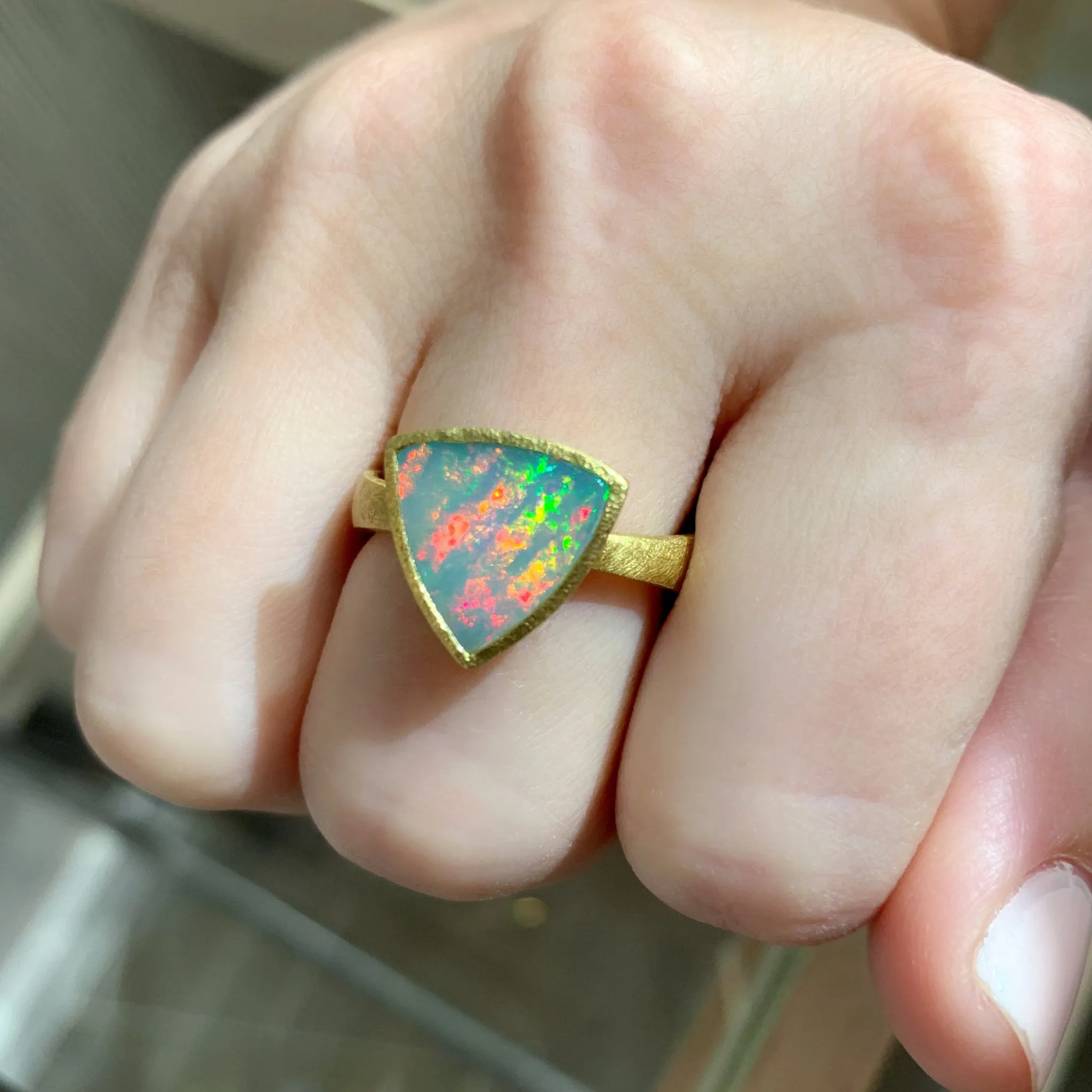 Devta Doolan Exceptional Mexican Crystal Rainbow Opal One of a Kind Gold Ring