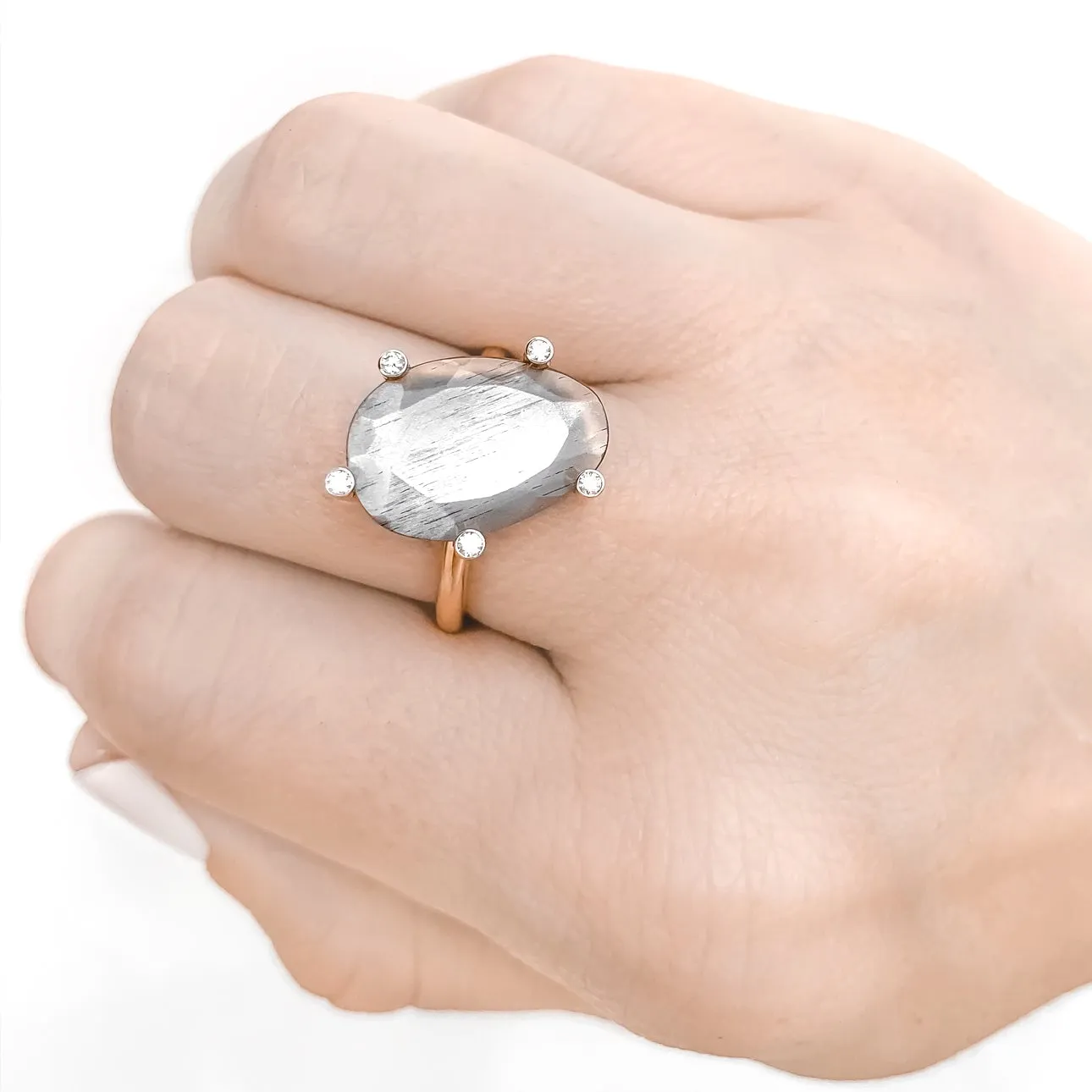 Erich Zimmermann Glowing Reflective Moonstone White Diamond Gold Snowflake Ring