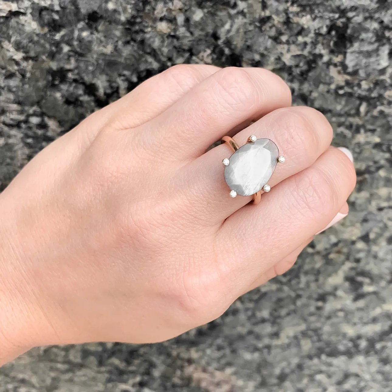 Erich Zimmermann Glowing Reflective Moonstone White Diamond Gold Snowflake Ring