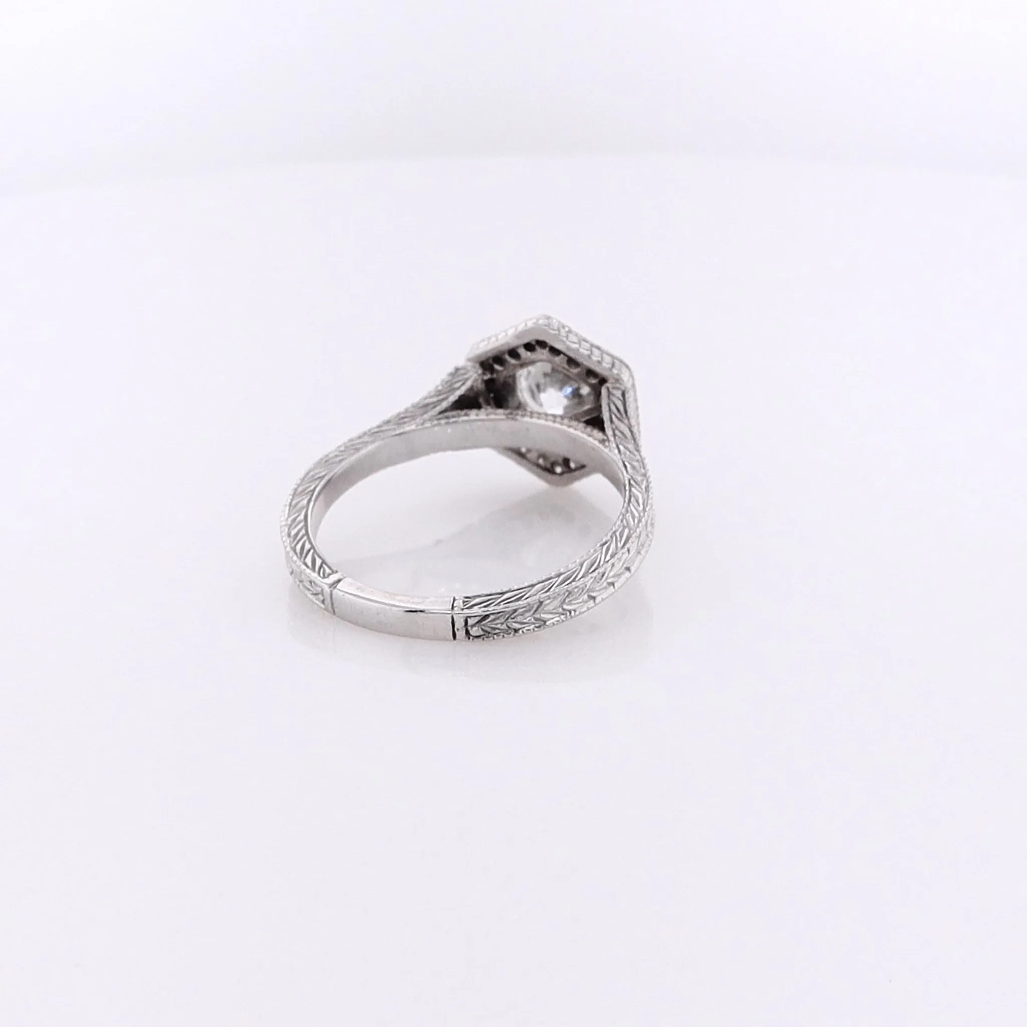 Estate 14 Karat White Gold Engraved Tapered Shank Diamond Engagement Ring with GIA Certification BT-SM1001640-02