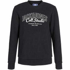 Genuine Jack & Jones Junior Black Big Print Jjmakoto Sweat Crew Neck Jnr Signature