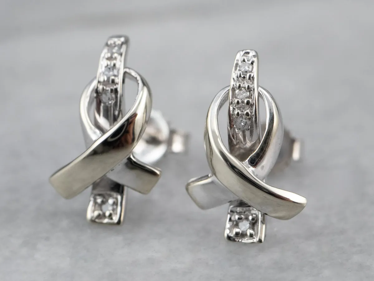 Gold Cancer Ribbon Diamond Stud Earrings