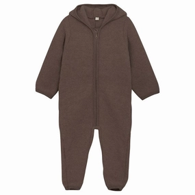 Iconic Huttelihut Pram Suit Ears Wool Fleece Dark Brown Melange Embroidery