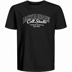 Jack & Jones Junior Black Big Print Jjmakoto Tee Ss Crew Neck Jnr Revered Pioneer