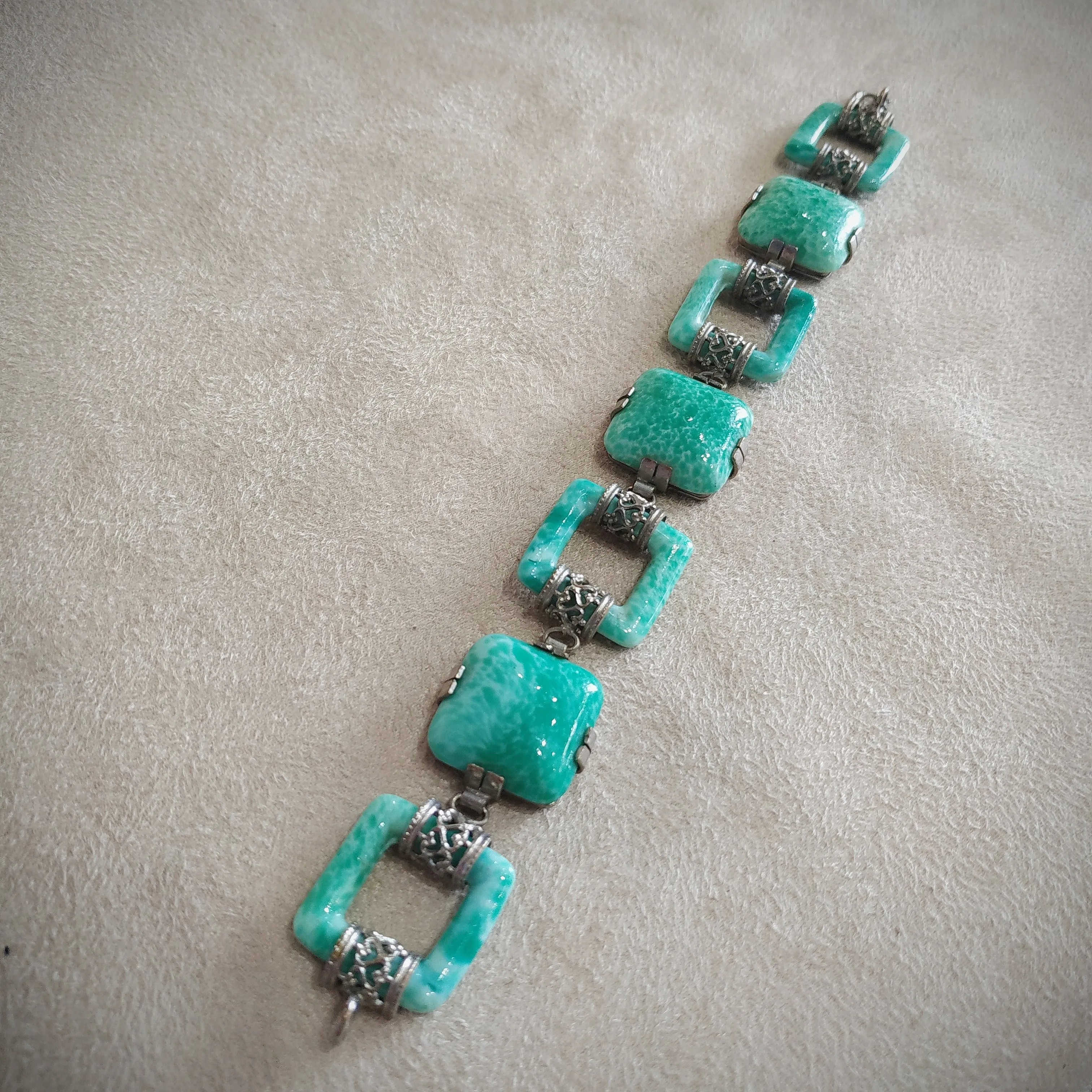 Jade Green Vintage Czech Glass Squares Bracelet