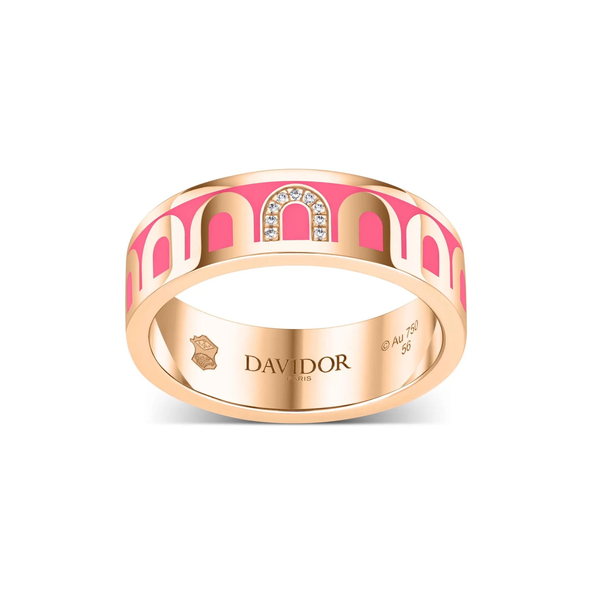 LArc de DAVIDOR Ring MM, 18k Rose Gold with Flamant Lacquered Ceramic and Porta Simple Diamonds