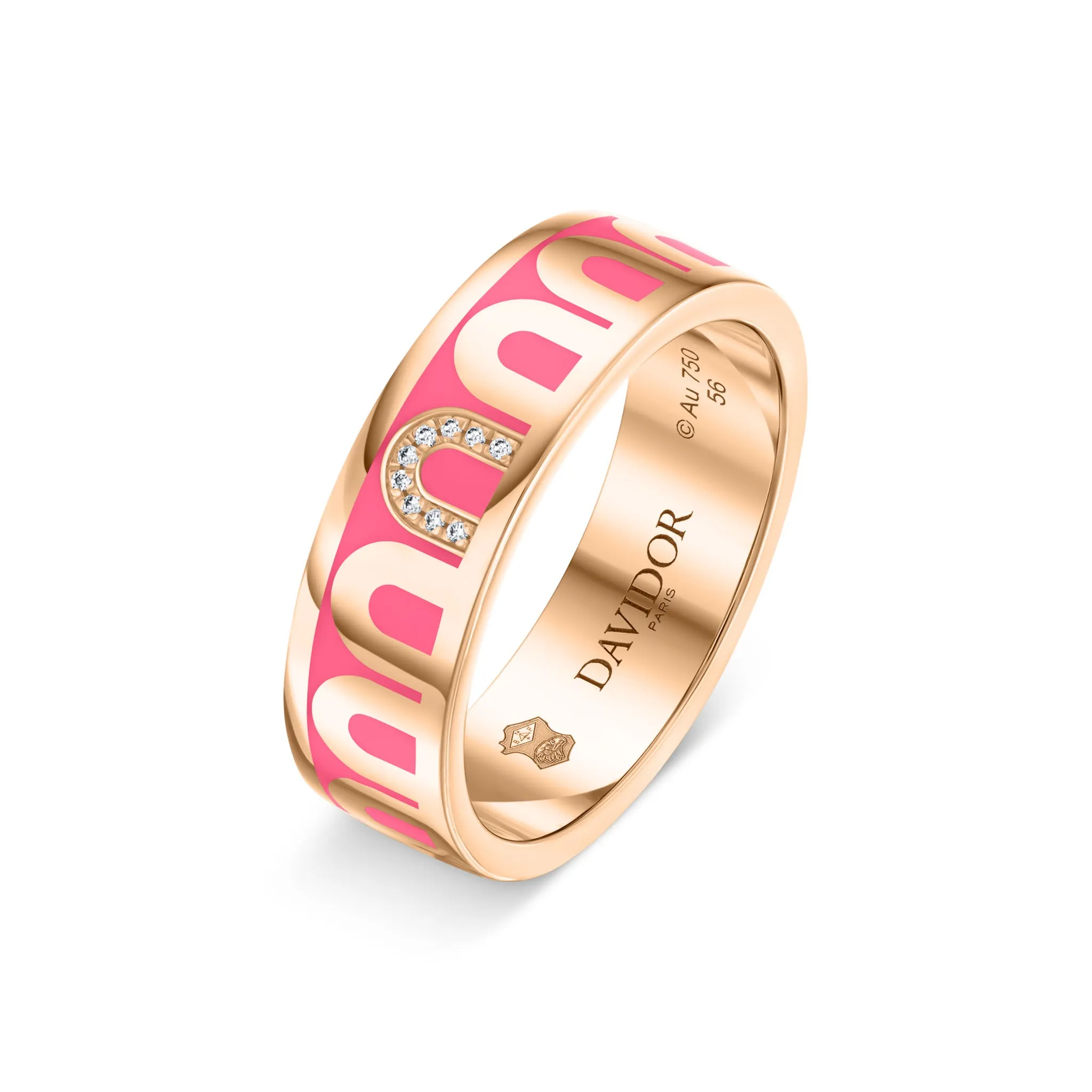 LArc de DAVIDOR Ring MM, 18k Rose Gold with Flamant Lacquered Ceramic and Porta Simple Diamonds