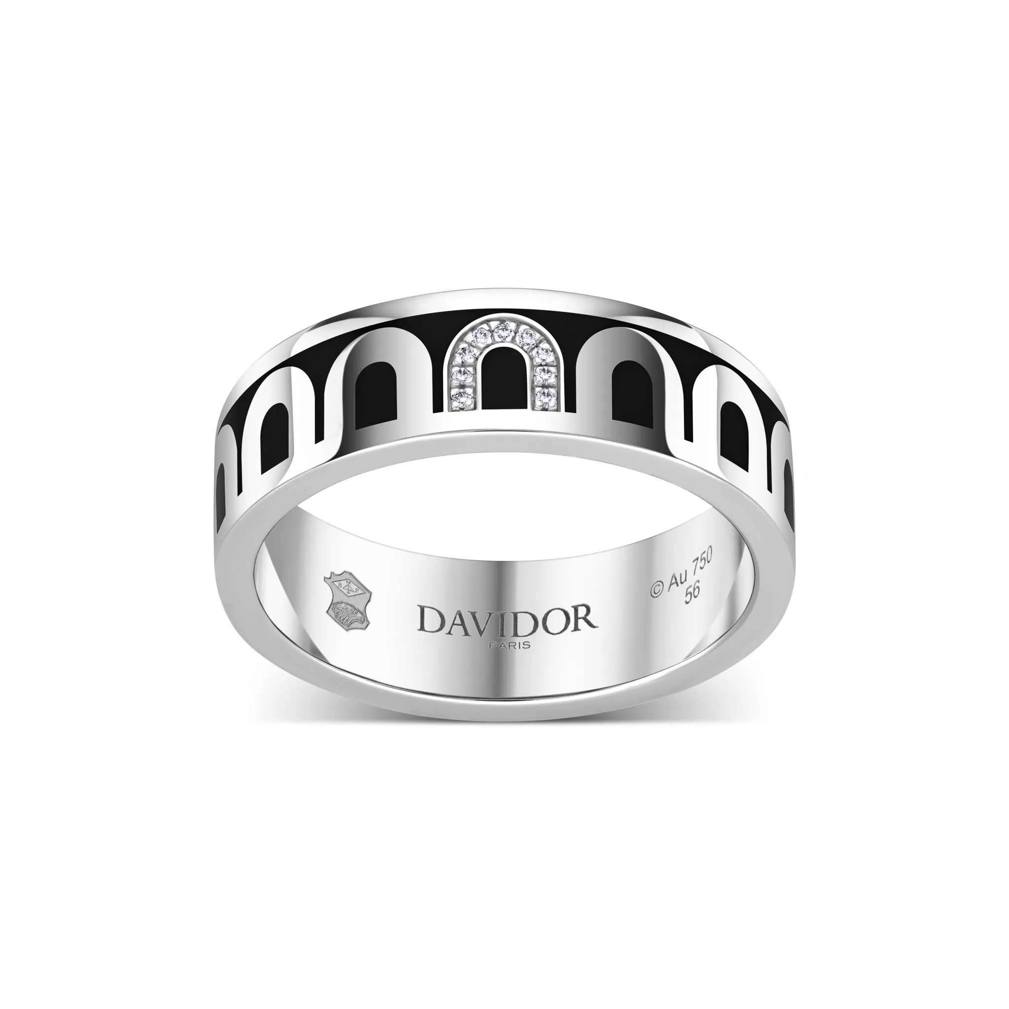 LArc de DAVIDOR Ring MM, 18k White Gold with Caviar Lacquered Ceramic and Porta Simple Diamonds