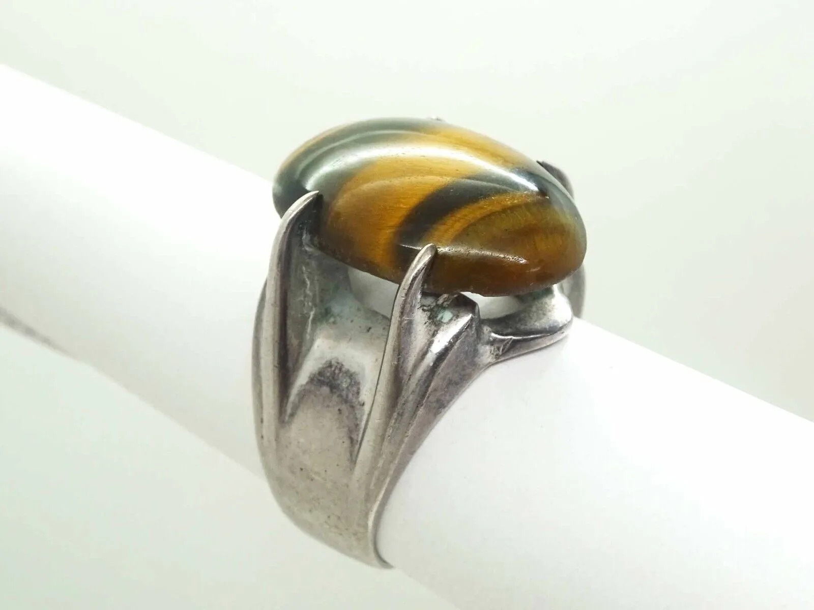 Large Oval Tiger??s Eye Cabochon Ring Solid Sterling Silver Size 10.5