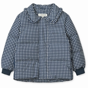 LieWood Check Classic Navy / Dark Sandy Anemone Down Puffer Jacket Linen Bow
