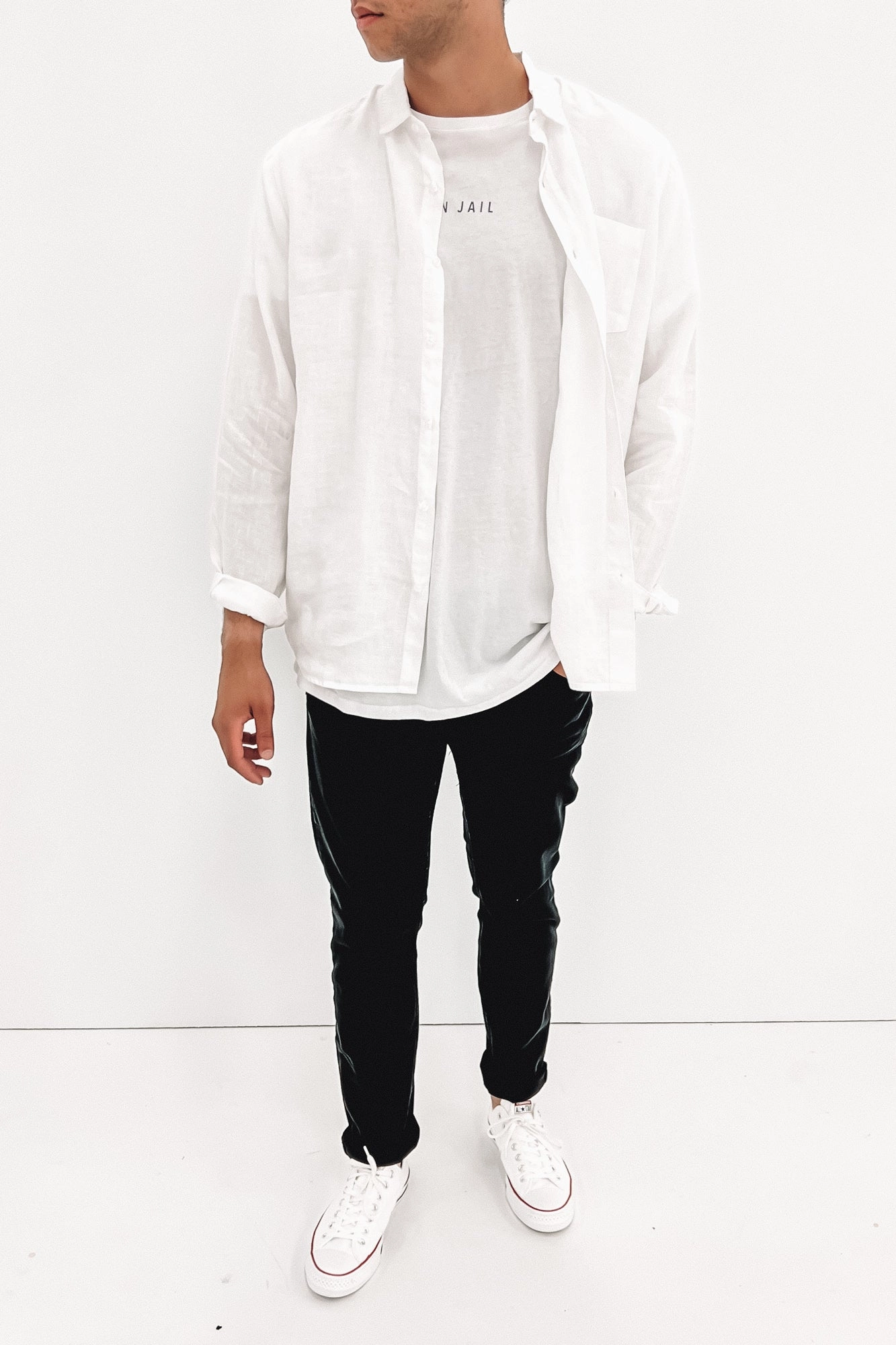 Linen Long Sleeve Shirt White sale electronics