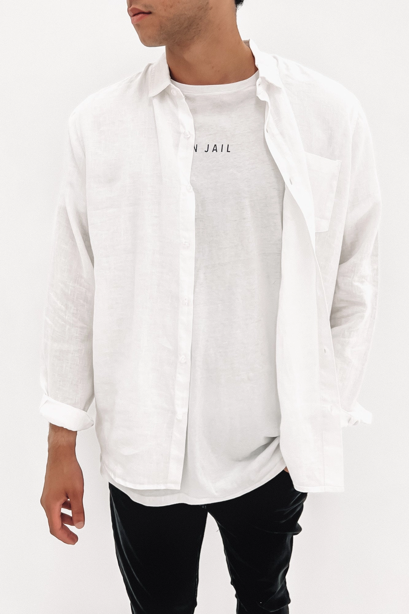 Linen Long Sleeve Shirt White sale electronics