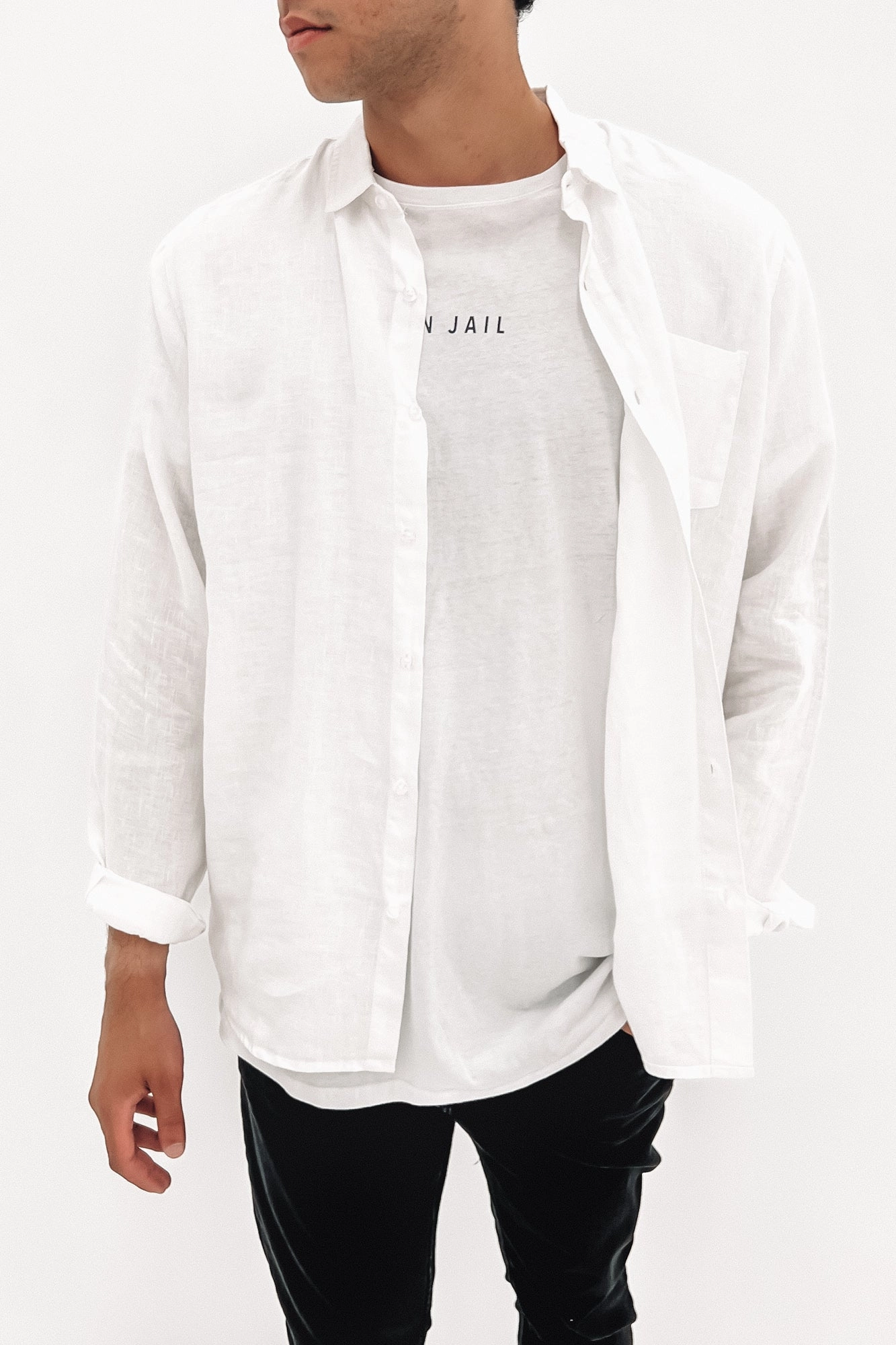 Linen Long Sleeve Shirt White sale electronics