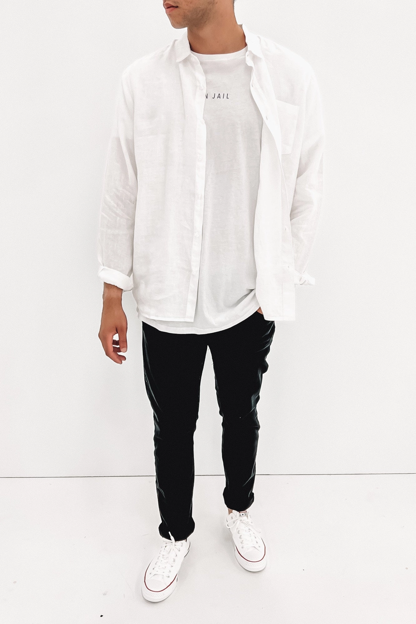 Linen Long Sleeve Shirt White sale electronics