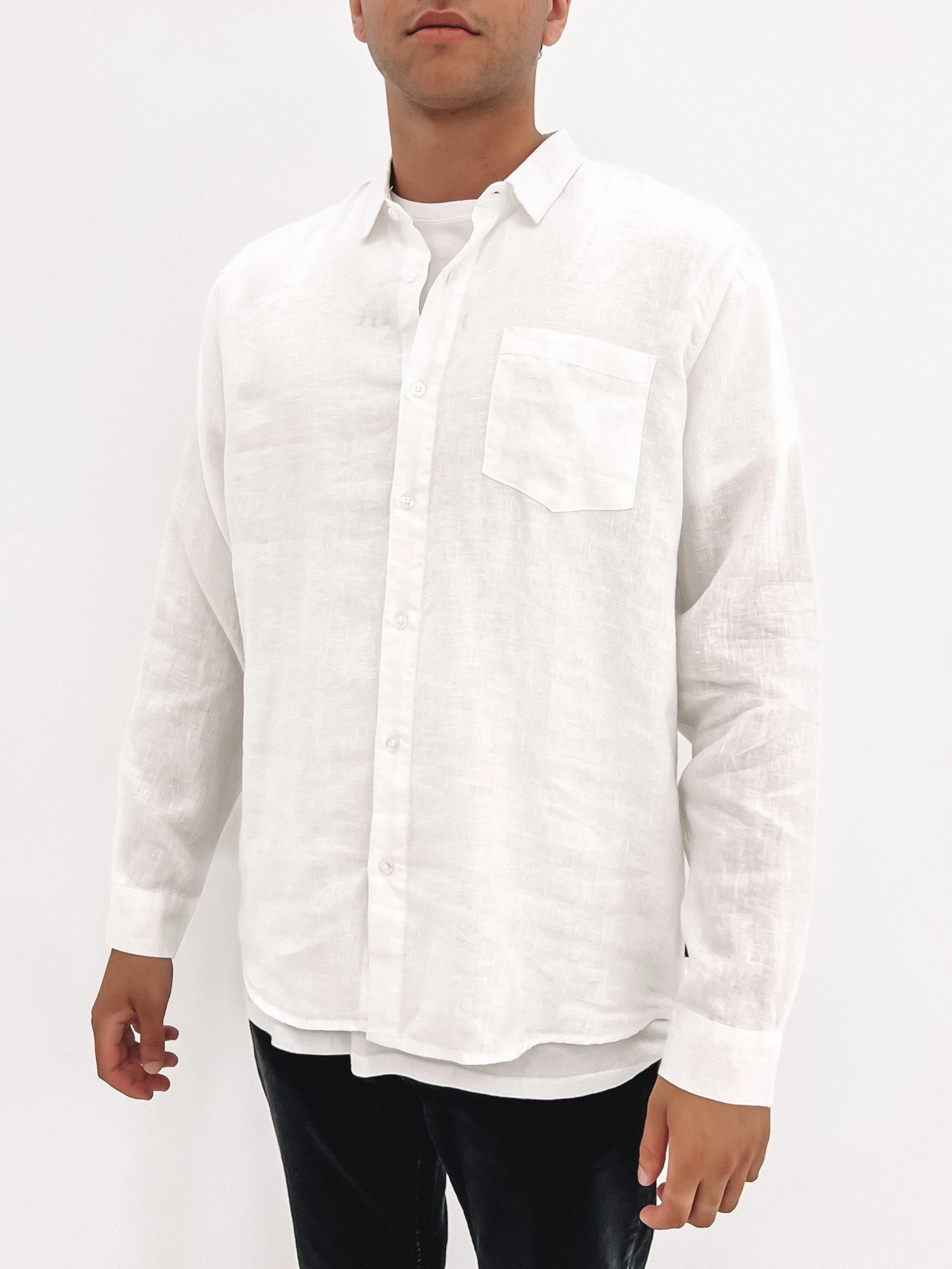 Linen Long Sleeve Shirt White sale electronics