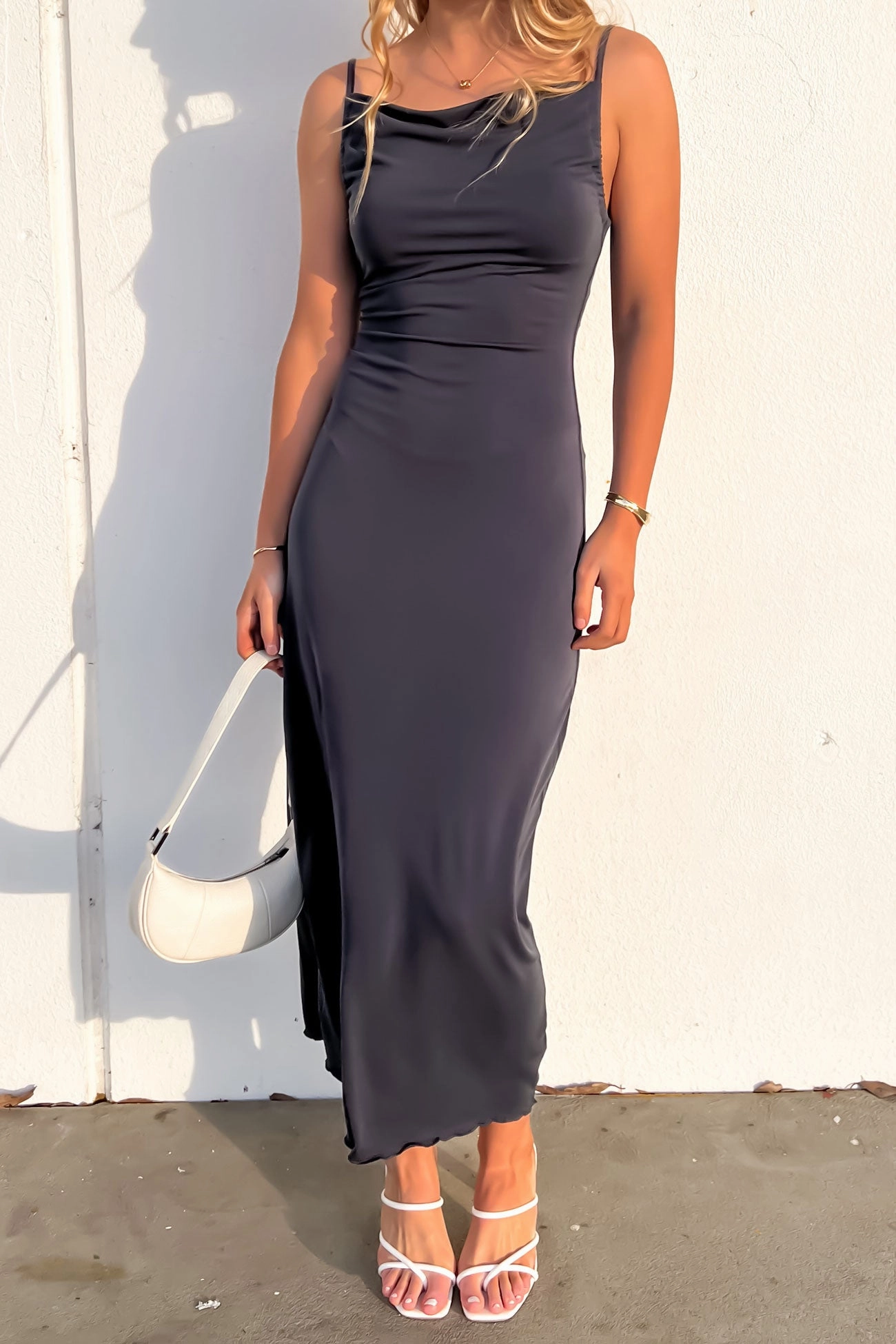 Luxe Cowl Neck Maxi Dress Steel sale designer bags