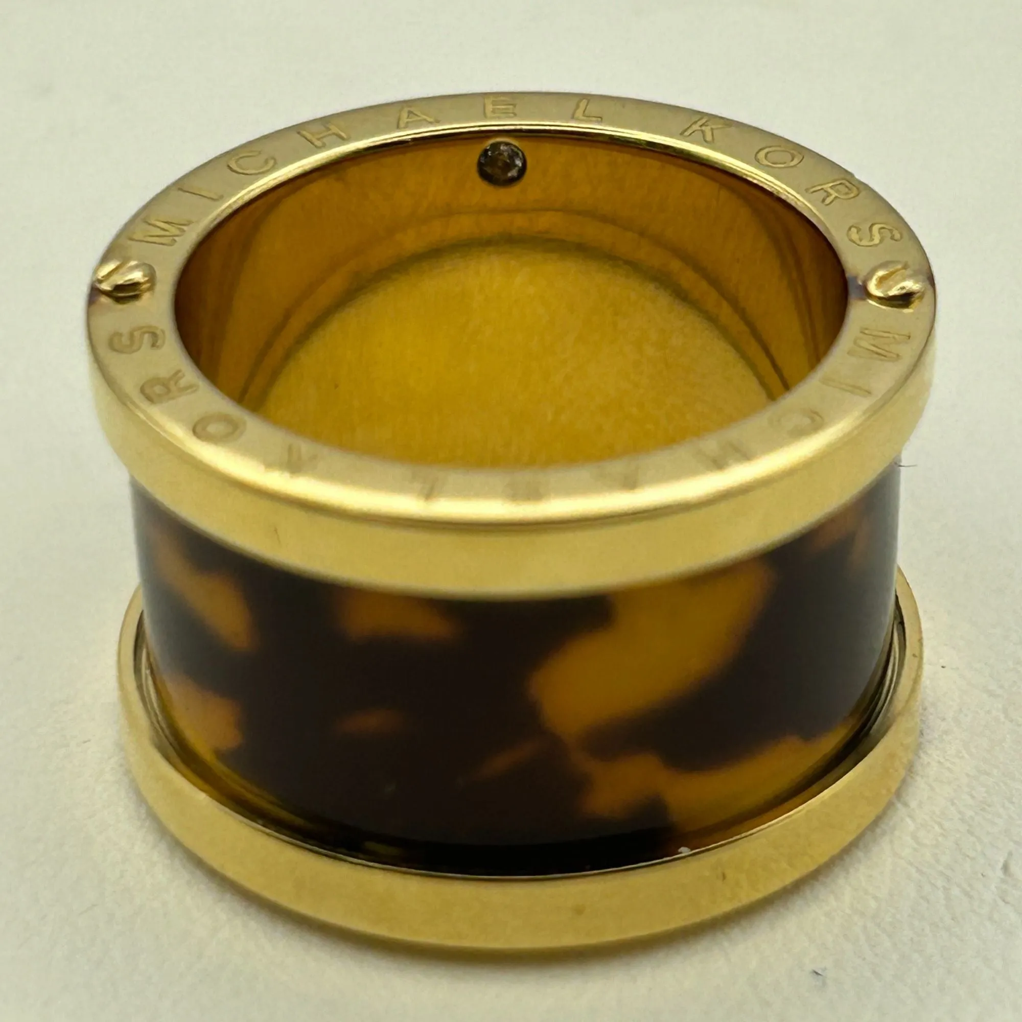 Michael Kors Gold Tone Faux Tortoise Shell Barrel Ring Size 8