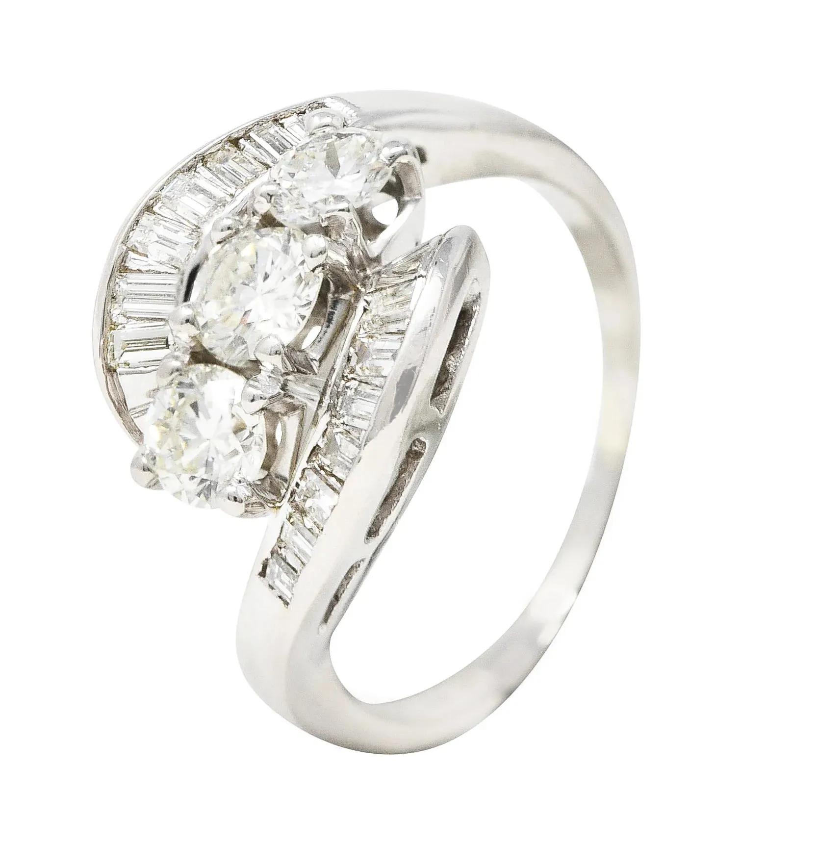MID-CENTURY 2.03 CTW BAGUETTE DIAMOND PLATINUM SWIRLING VINTAGE BYPASS DINNER RING