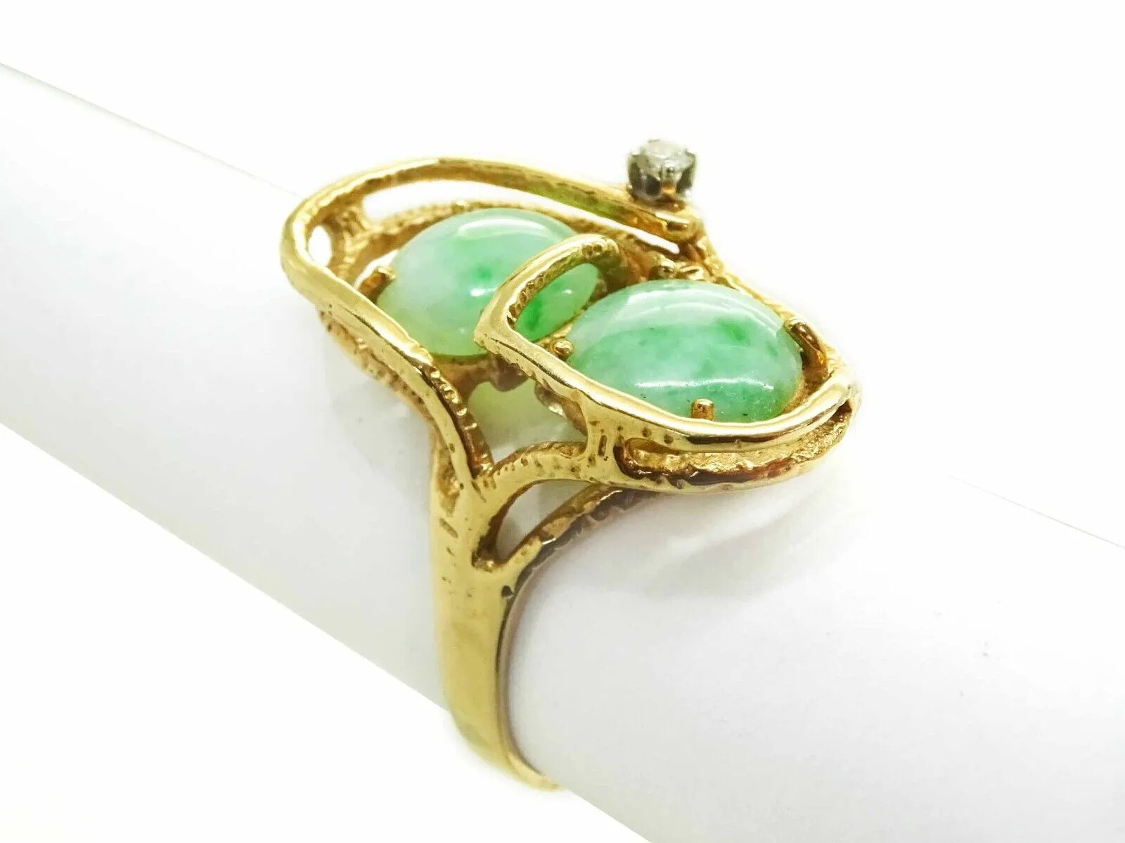 Mid-Century Modern Jade & Diamond Ring 14k Gold Size 8.5