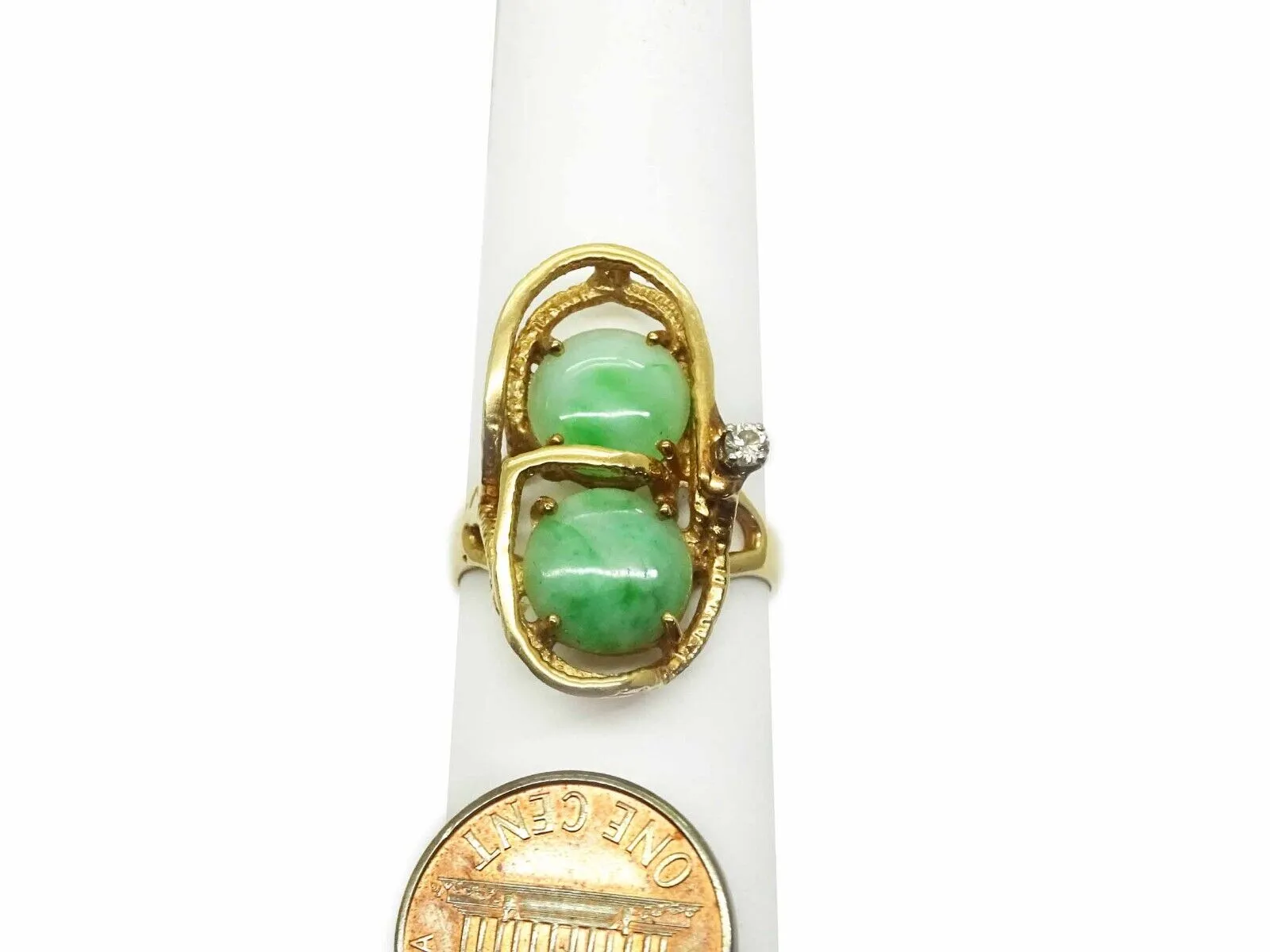 Mid-Century Modern Jade & Diamond Ring 14k Gold Size 8.5