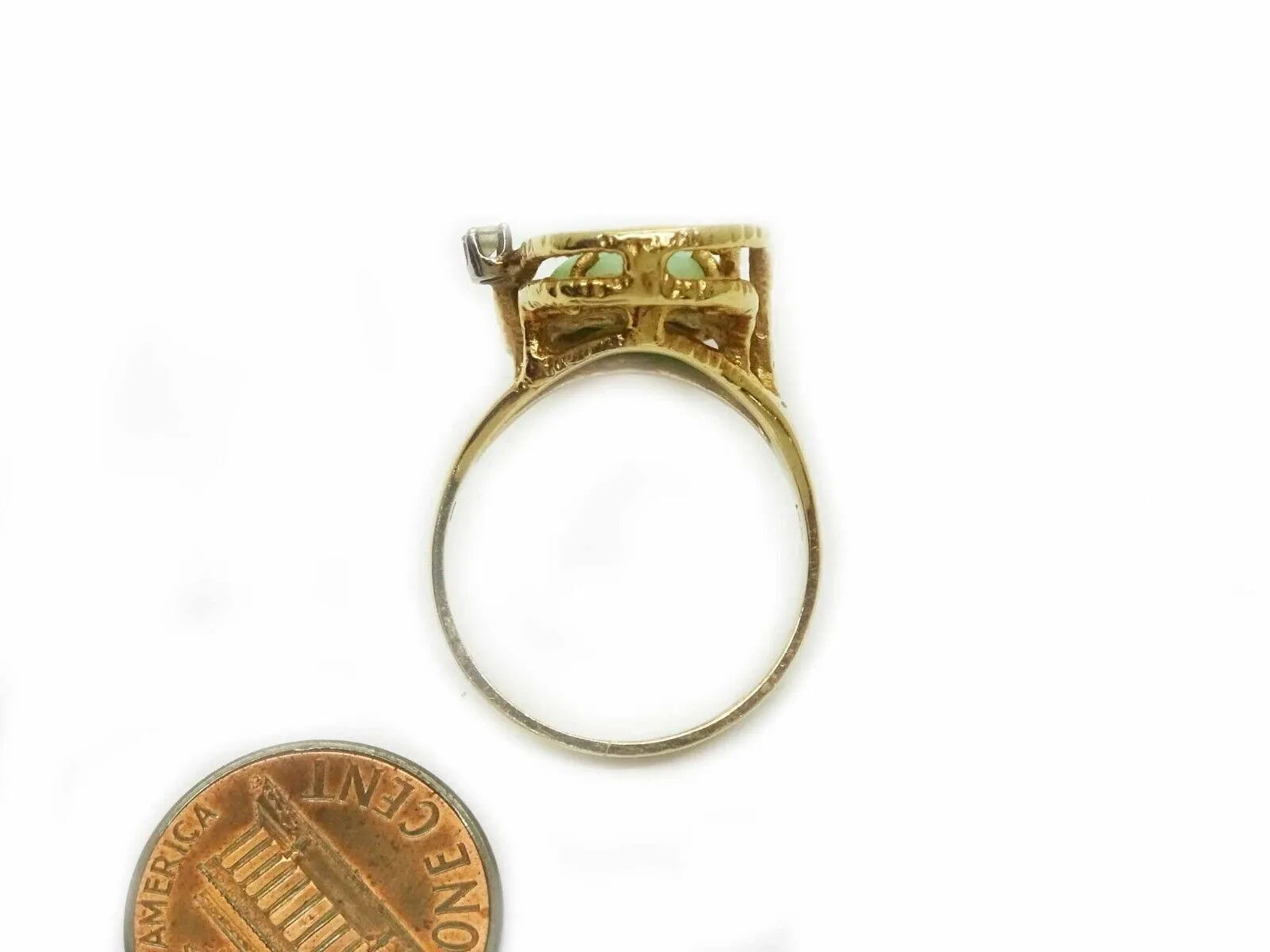 Mid-Century Modern Jade & Diamond Ring 14k Gold Size 8.5
