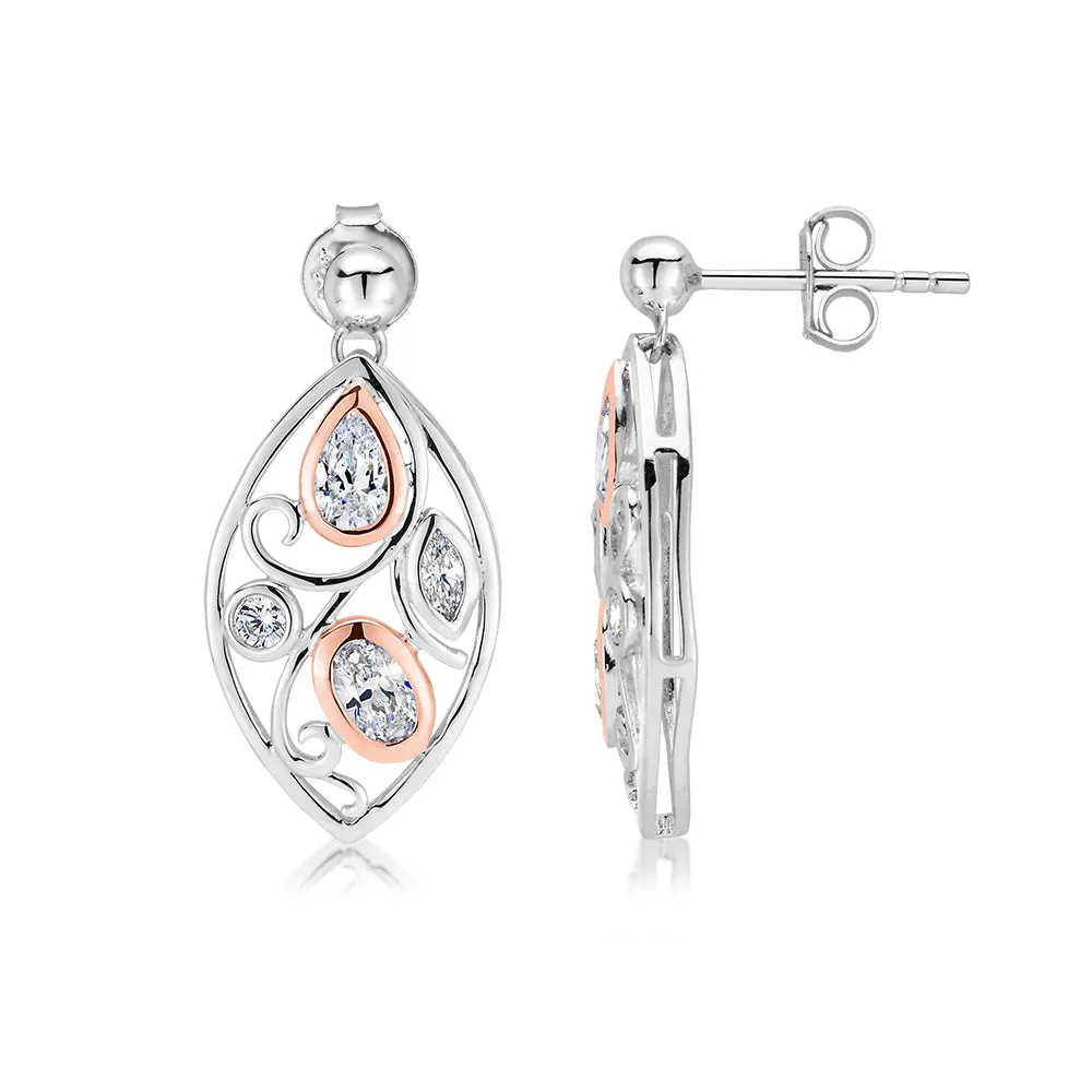 Oval and Pear drop earrings with 1.19 carats* of diamond simulants in 10 carat rose gold and sterling silver
