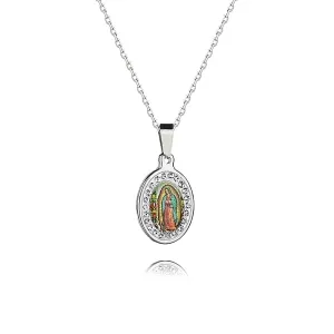 Oval Diamond Colorful Virgin Mary Portrait Virgencita Necklace