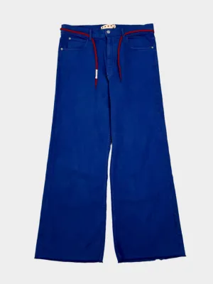 Pantaloni In Denim Blu A Gamba Larga Con Cintura Rossa Integrata new arrival shirts for men vialli new arrivals shoes new eid collection for women