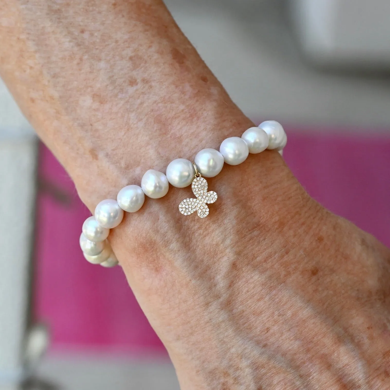 Pearl Bracelet with Diamond Butterfly Charm