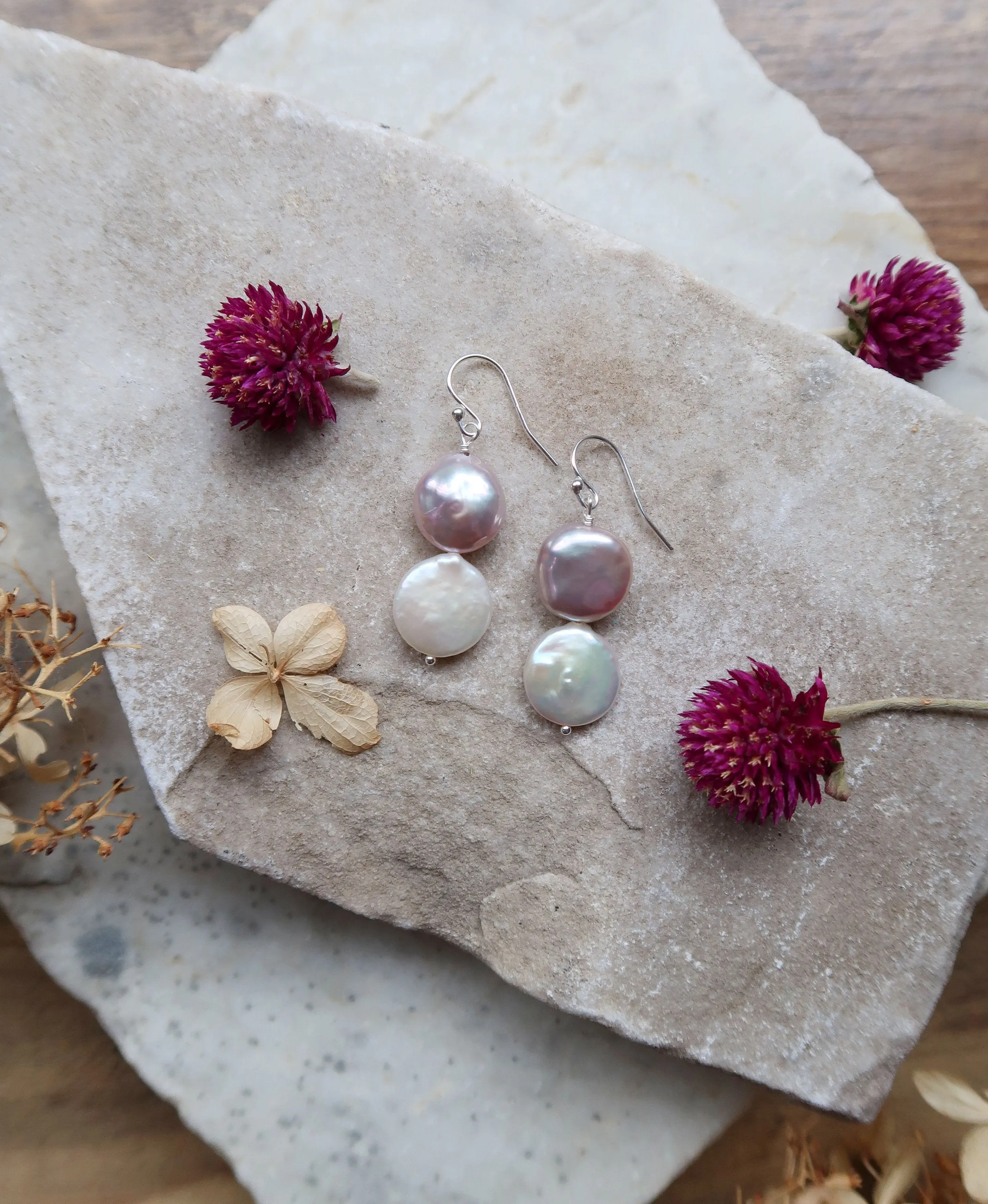 Pink and White Coin Pearl Earrings