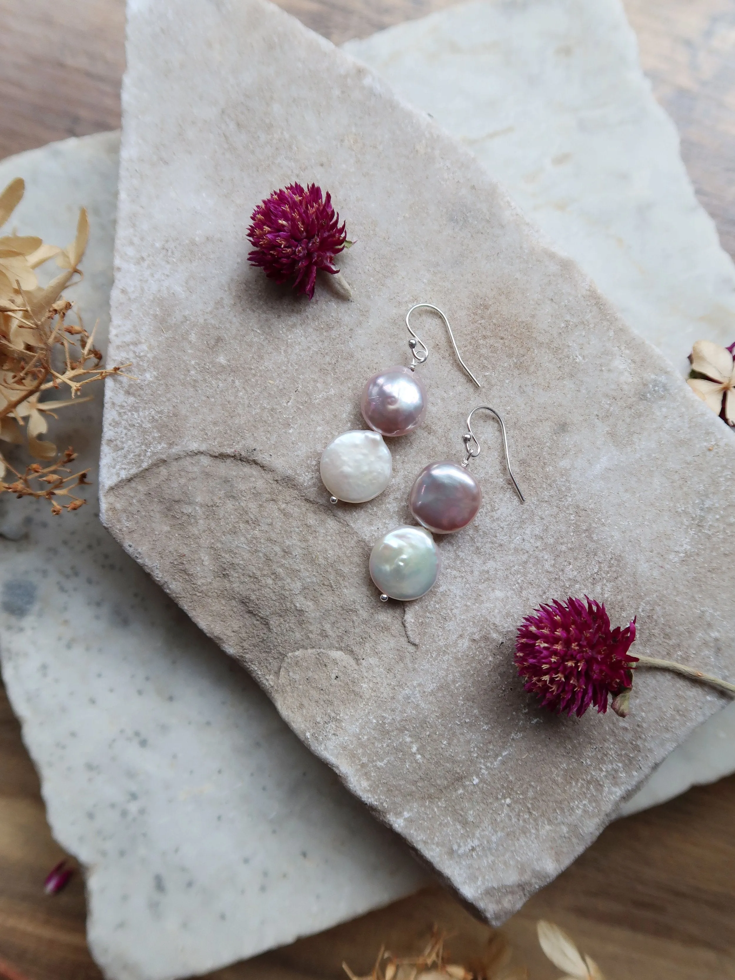 Pink and White Coin Pearl Earrings