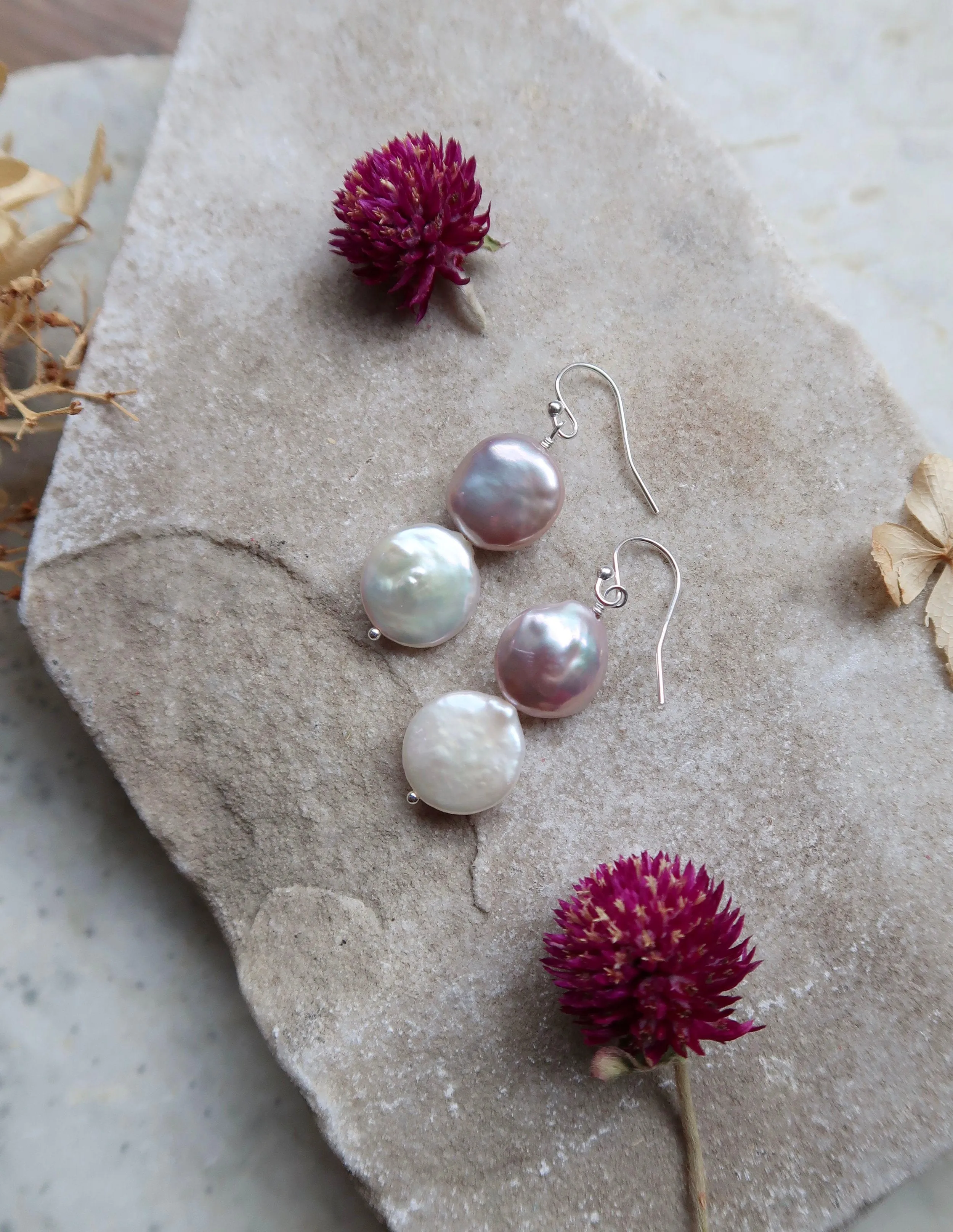 Pink and White Coin Pearl Earrings